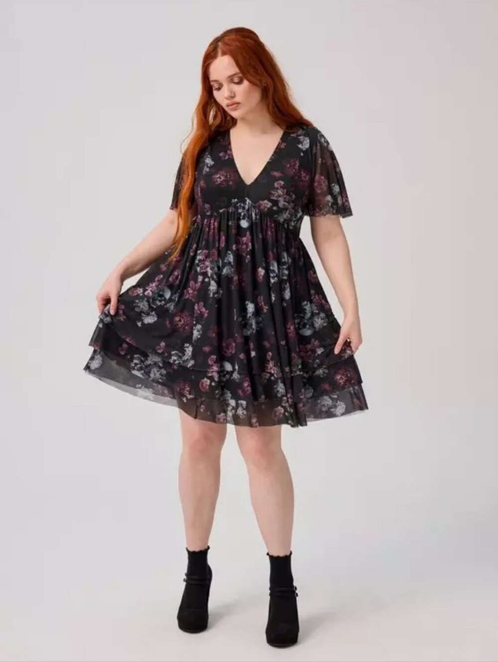 Torrid Nightfall Tiered Mesh Ryley Skull Floral Black V-Neck Mini Dress Plus 2X - Picture 3 of 6